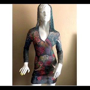 Guess Vintage Tattoo Print Sheer Fabric Hoodie w/ Multi Gem Studs Front Pocket